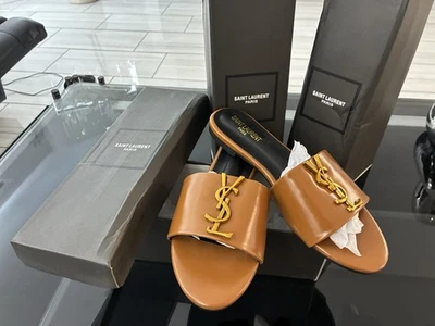 Saint Laurent Paris Women’s Leather Slide Sandals - Brown with Gold Log - Image 1 of 3