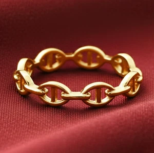 14K Real Solid Yellow Gold Dainty Mariner Link Minimalist Chain Band Ring - Picture 1 of 20