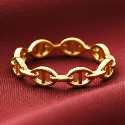 14K Real Solid Yellow Gold Dainty Mariner Link Minimalist Chain Band Ring - Image 1 of 4