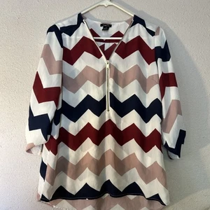 NUEVO SIN ETIQUETAS Rue21 M Estampado Chevron Tono Tierra Blanco Rosa Túnica Top Mangas con lengüeta enrollable Cremallera - Imagen 1 de 3