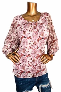 LC Lauren Conrad L Top NWT $48 Pleated 3/4 Sleeves Lined Blouse Floral Crew Neck - Picture 1 of 12