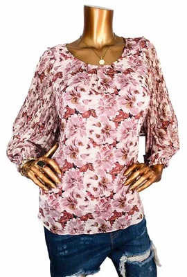 LC Lauren Conrad L Top NWT $48 Pleated 3/4 Sleeves Lined Blouse Floral Crew Neck - Image 1 of 4