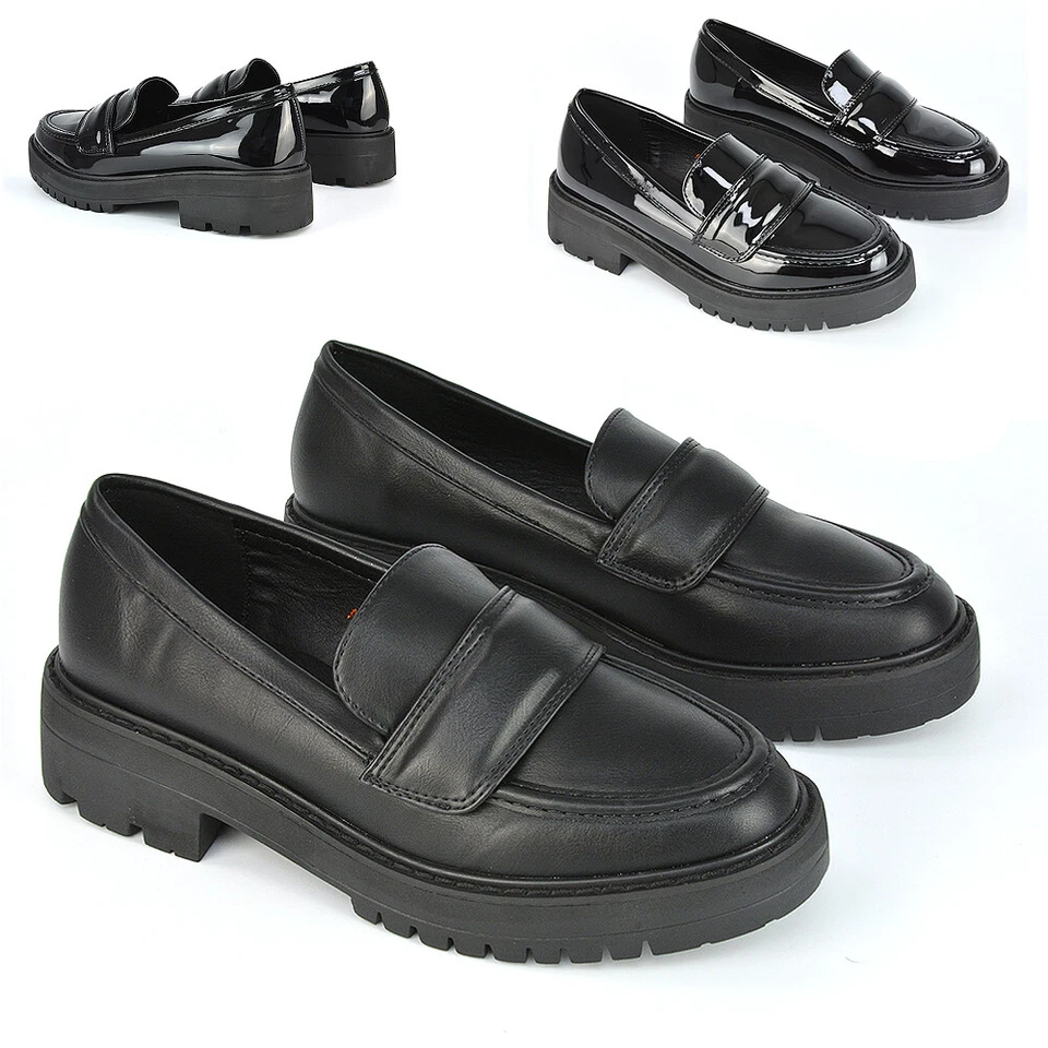 Mujer Negro Mocasines Damas Cuero Sintético Zapatos Sin Cordones Suela Gruesa Talla 3-8 Foto 1 de 1