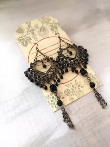 Vintage earrings gunmetal black chandelier heart shape shoulder dusters 4 1/4" - Picture 1 of 8