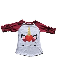 Little Girls Burgundy Heart Unicorn Grey Ruffle Sleeve Top Shirt 2T-8 New - Picture 1 of 2