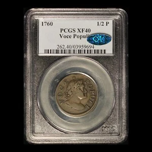 1760 1/2 P Colonial Copper Voce Populi CAC and PCGS XF 40 - Free Shipping USA - Picture 1 of 3