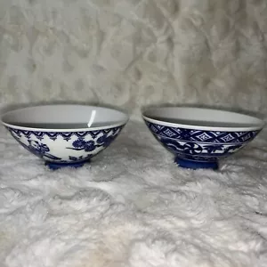 Set Of 2 Blue & White Rice Bowl Boys and Butterflies Design Footed 4.5" Diameter - Picture 1 of 15