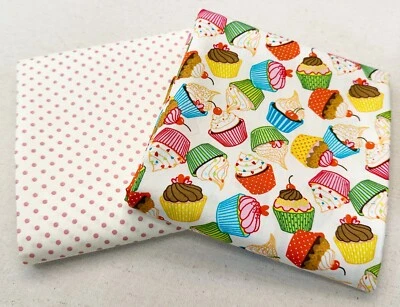 FABRIC BUNDLE - Birthday Cupcake Print & Pink Polka Dot Cotton Fabric - 2 x 0.5m - Image 1 of 2