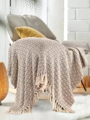Beige Hand Block Printed Throw Blanket Bohe Mud Cloth Indian Sofa Bedding Throw - Image 1 of 4