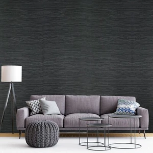 Dark gray heavy vinyl faux grasscloth textured plain contemporary wallpaper roll - Picture 1 of 13