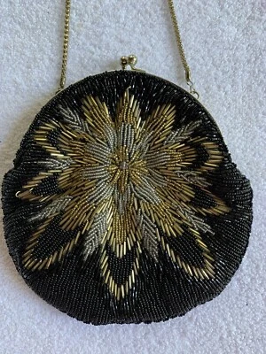Impresionante Bolso de Mano Vintage La Regale Cuentas Negro Dorado Floral Noche Cartera Años 80 Foto 1 de 4