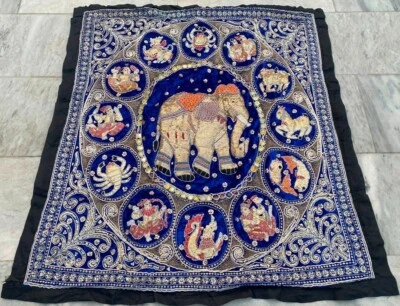 Tapiz de elefante indio antiguo hecho a mano decoración del hogar tribal colgante de pared 3x3 Foto 1 de 4