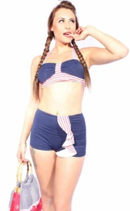 Sailor STREIFEN retro pin up 50er Rockabilly Rüschen Bikini marineblau - Picture 1 of 6