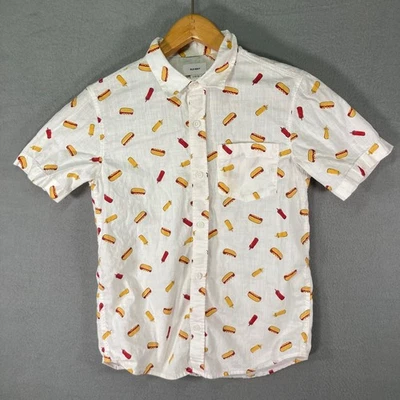 Old Navy 男孩纽扣衬衫 L (10-12) 热狗印花短袖休闲上衣 — 第 1/4 张图片