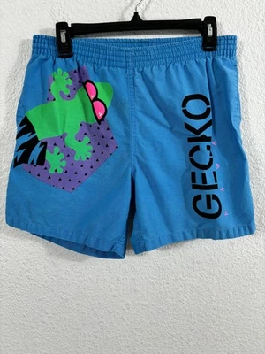 Pantalones Cortos De Colección Gecko Hawaii Para Hombre Medianos Azul Neón Gráfico Surf Playa Voleibol Años 80 Foto 1 de 4