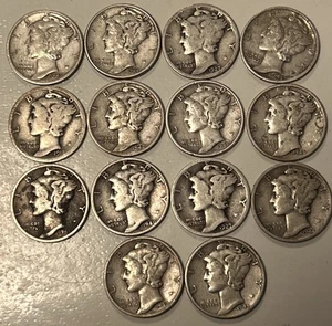 14 monedas de diez centavos de plata Mercury .90 % fechas completas de 1918-1940 equivalen a 1 oz plata. Bonito - Imagen 1 de 2