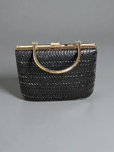 d’margeaux Black Chevron Clutch Purse | Gold Frame Handle Evening Holiday Bag - Picture 1 of 6