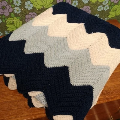 Blue Light Blue Zig Zag Stripy Knitted Warm Blanket Throw - Image 1 of 4