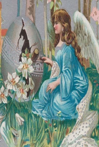 Angel Cracking Huge Easter Egg with Mallet Flowers Postcard - Picture 1 of 3