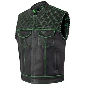 Men's Black Leather Diamond Vest with Concealed Green Waistcoat for Motorbike - Picture 1 of 6