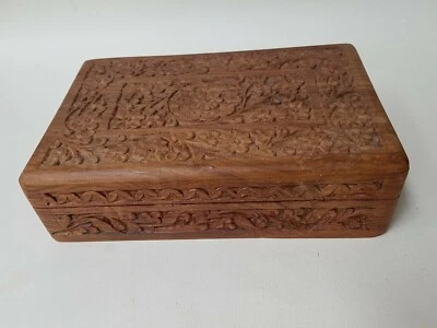 Hand-Carved Sheesham Wood Trinket Jewellery Box floral Carvings - Image 1 of 4