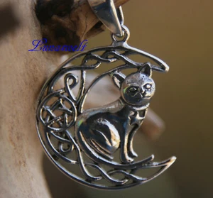 Amuleto gato en luna con pentagrama de ley 925 incl. cinta - Imagen 1 de 1