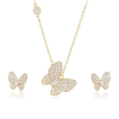 14K золото покрытием женщины ювелирных изделий комплект CZ бабочка подвеска ожерелье и серьги комплект - Изображение 1 из 4