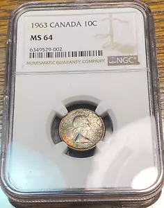 1963 Canada 10 Cents NGC MS64 Super Patina New Slab CHRC (formerly CHN) - Picture 1 of 2