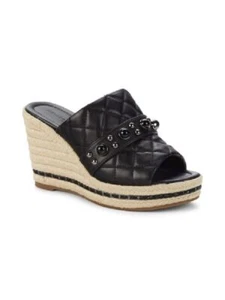 KARL LAGERFELD PARIS Camela Leather Wedge Sandals Black (Size 7.5. 8) NEW IN BOX - Picture 1 of 8