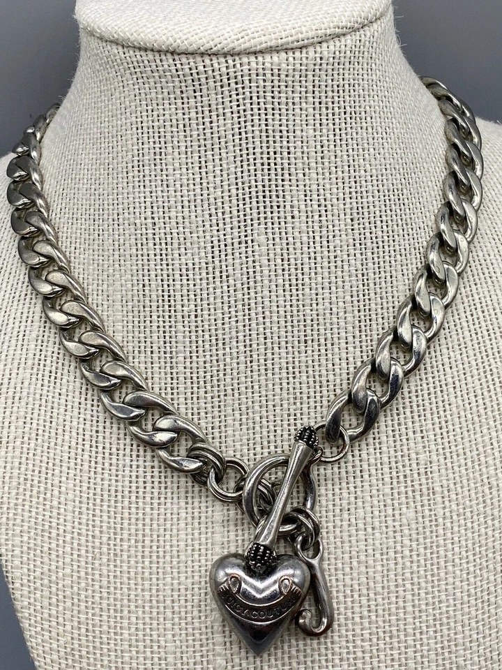 Juicy Couture Silver Tone Choker Chain Link Toggle Clasp Heart J Charms Necklace - Image 1 of 4
