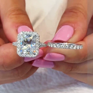 2.80 TCW Radiant Cut Moissanite Halo Engagement Set Ring 14K White Gold Plated - Picture 1 of 8