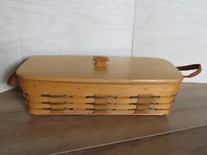 VTG 1998 Longaberger Woven Bread Basket Green Double Leather Handles Lid READ - Picture 1 of 17
