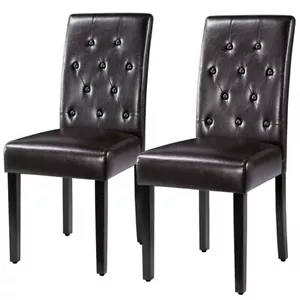 Juego de 2 sillas de comedor de cuero sintético con patas de madera maciza marrón - Imagen 1 de 8