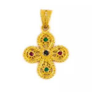 Colgante de cruz bizantina de oro de 18 K con piedras preciosas naturales - joyería de cruz griega - Imagen 1 de 9