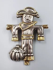 Scarecrow Silver/Goltone Brooch Pin wPumpkin by BEST Fall Halloween Thanksgiving - Picture 1 of 4