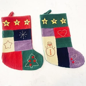 2 große Vintage Chenille Weihnachtsstrumpf Patchwork mit gestickten Motiven - Bild 1 von 13