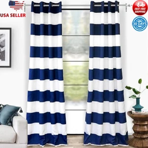 Navy Stripe Room Darkening Curtains Thermal Insulated Grommet Drapes 2 Panels US - Picture 1 of 7