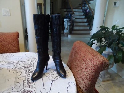 Prada Black Lamb Leather "Gaufre" Ruched Knee High Heeled Boots Size 37 1/2B - Image 1 of 4
