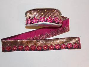 30mm pink gold crystal embroidered ribbon applique trimming decor Indian - Picture 1 of 2