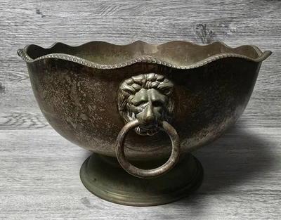 Vintage Antik Messing Runde Obstschale oder Übertopf Topf mit Löwenkopf Griffen - Bild 1 von 4