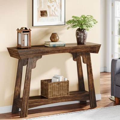 2 Tier Farmhouse Wood Console Table 105cm Entryway Storage Shelf Narrow Sofa - Image 1 of 4