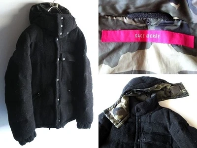 Sage de Cret Wool Tweed 2-Way Down Jacket Remov Hood Camouflage Lining M JAPAN - Image 1 of 4