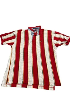 Tommy Hilfiger Poloshirt rot-weiß vertikal gestreift 90er Wappen Logo Large - Bild 1 von 3