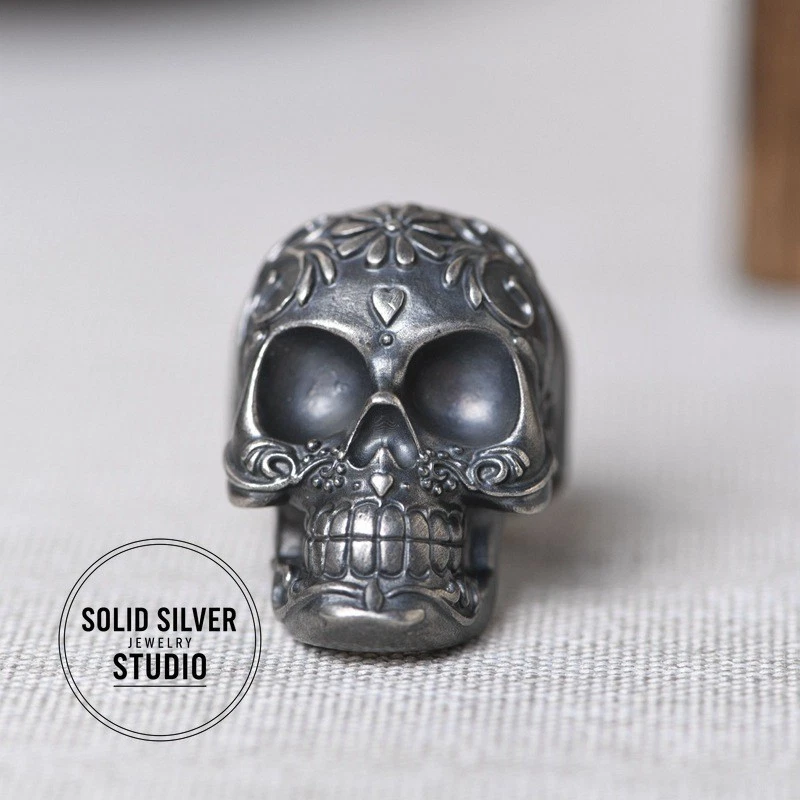 Collar de calavera de azúcar de plata esterlina S925 pesado para hombre patrón floral 26 pulgadas Foto 1 de 4