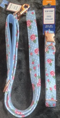 Top Paw Light Blue Rose Dog Collar (M) w/Matching Leash (4ft) - Image 1 of 4