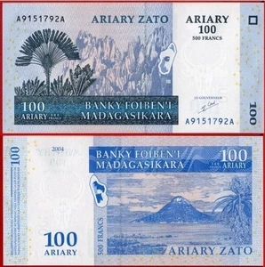 MADAGASCAR 100 ARIARY 2004 UNC A-A,RAVINALA AND TSINGI PLANTS,SUGARLOAF MOUNTAIN - Picture 1 of 1