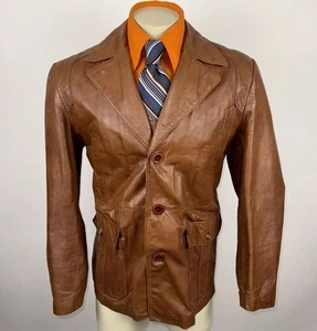 Vtg Richman Leather Jacket Mens Trench Coat Blazer Disco Fight Club 60s 70s 44 - Picture 1 of 17