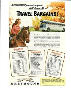 1950 Greyhound Bus Fall Round-Up Bargains Woman On Horse Travel Print Ad - Picture 1 of 1