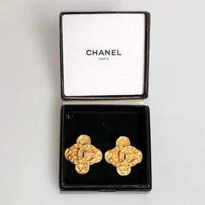 CHANEL Vintage Coco Mark Clip-On Earring 94A Gold Plated with Box - Picture 1 of 7