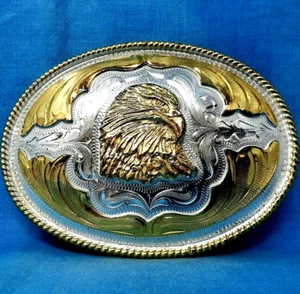 Western Eagle Belt Buckle 4X3 Cowboy Scroll Vaquero Vtg Alpaca Mexico .MMR208 - Picture 1 of 6